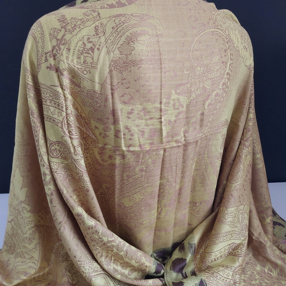 Olive Green Gold Paisley Pashmina Shawl Silk Feel Jacquard Scarf Evening Wrap - Picture 7 of 8